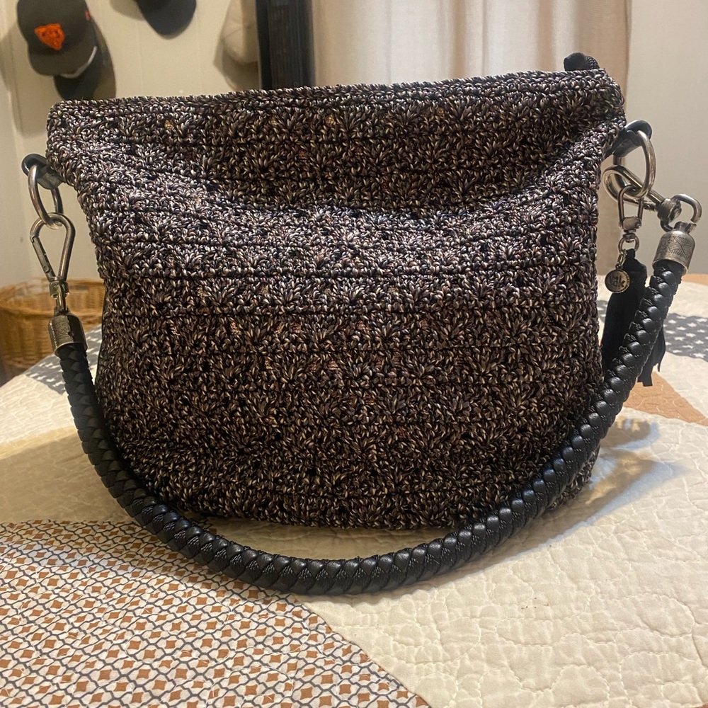 The Sak Black and Gray Textured Shoulder Bag with Crescent Silhouette